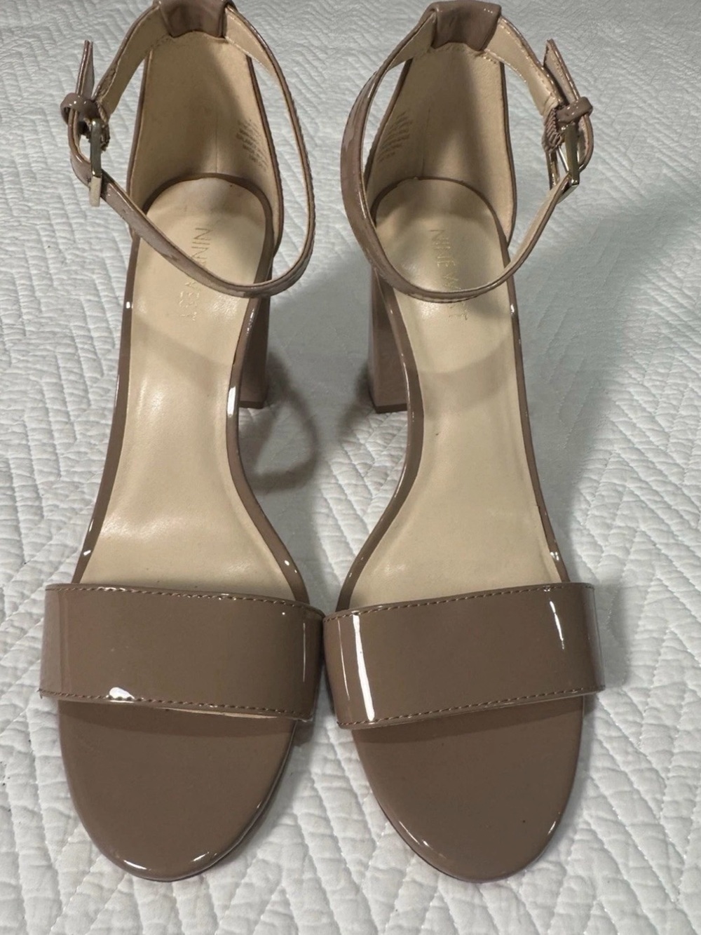 Nine West Patent Nude Ankle-Strap Block Heels